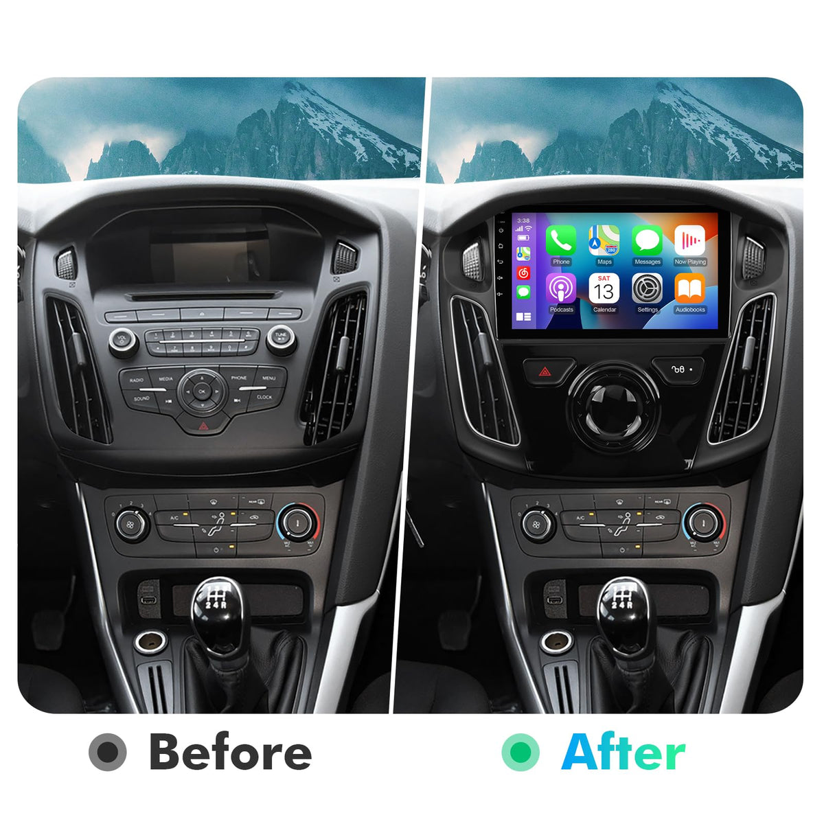 ISUDAR wireless CarPlay/Android Auto UI on Ford Focus for seamless smartphone integration