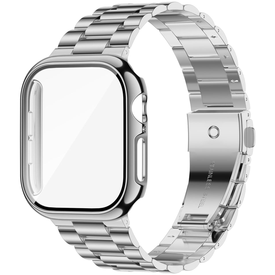 Iiteeology Apple Watch 46mm silver band close-up highlighting durable stainless steel.