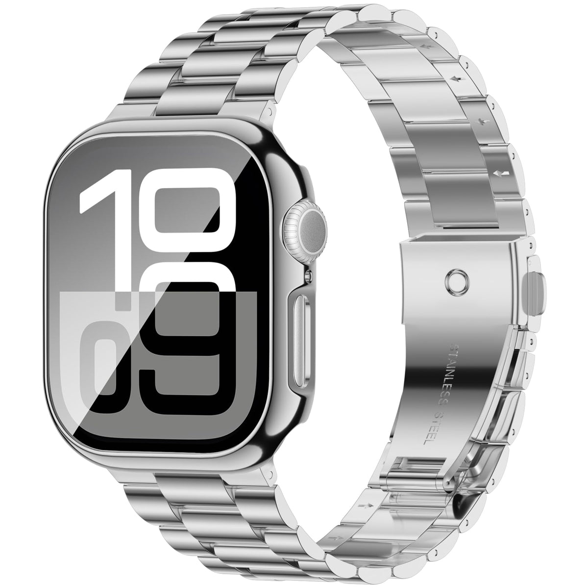 Iiteeology Apple Watch 46mm silver on-wrist view showing secure, adjustable fit.