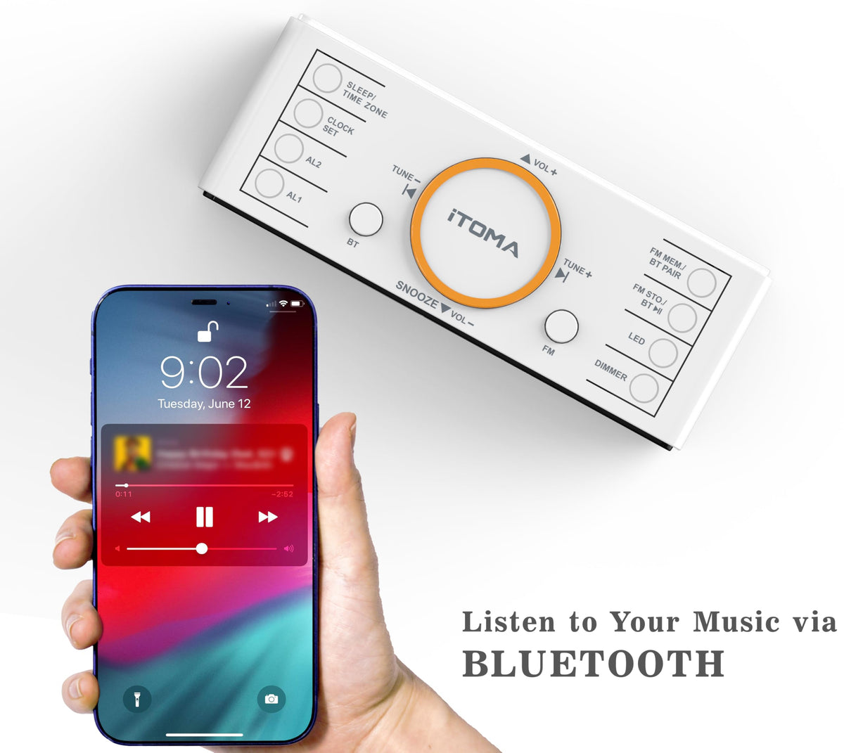 iTOMA next to a smartphone showing compact size and convenient charging