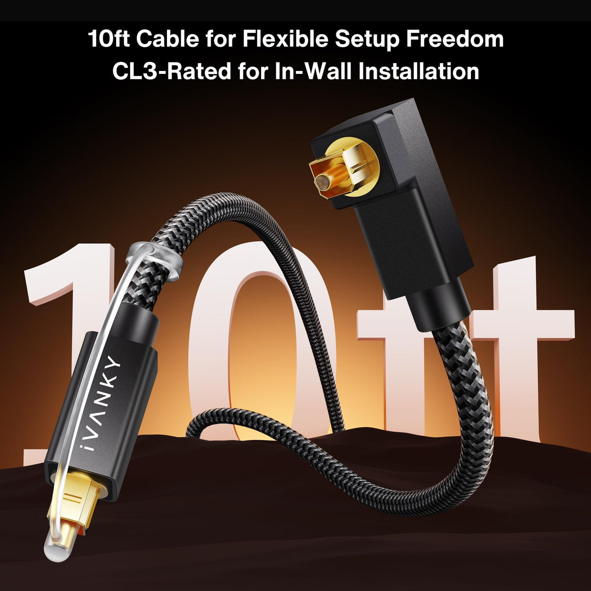 IVANKY 10ft optical cable laid out for flexible home theater placement.