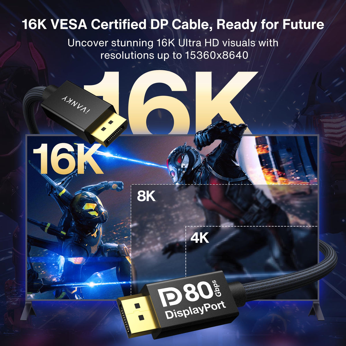IVANKY 16K-capable DisplayPort 2.1 cable enables future-ready displays.