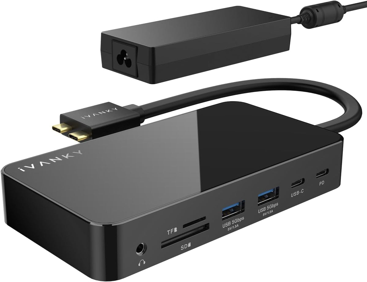 iVANKY FusionDock 12-in-2 front view showing organized workstation and ports