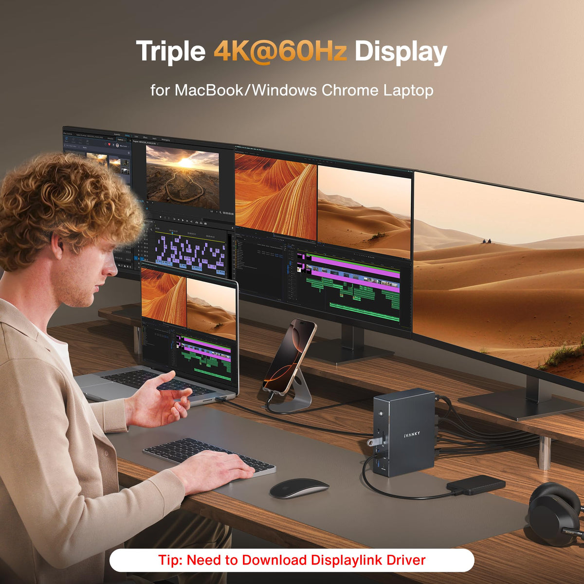 IVANKY FusionDock Pro USB-C port array illustrating high speed data transfer and charging