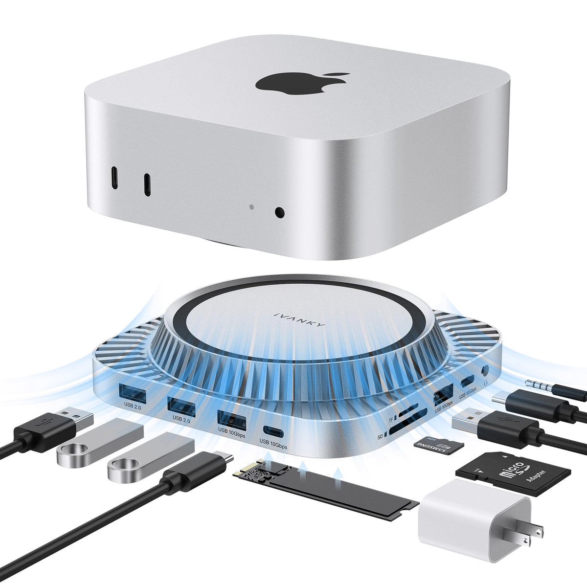 IVANKY Mac mini dock front view highlights 4K@144Hz HDMI for vivid displays.