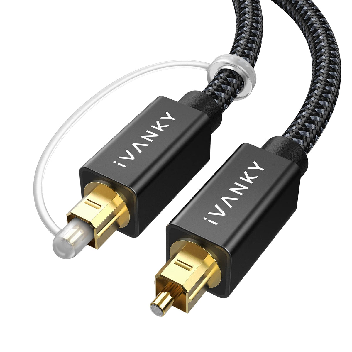IVANKY optical audio cable 6ft close-up with nylon braid and gold-plated tips