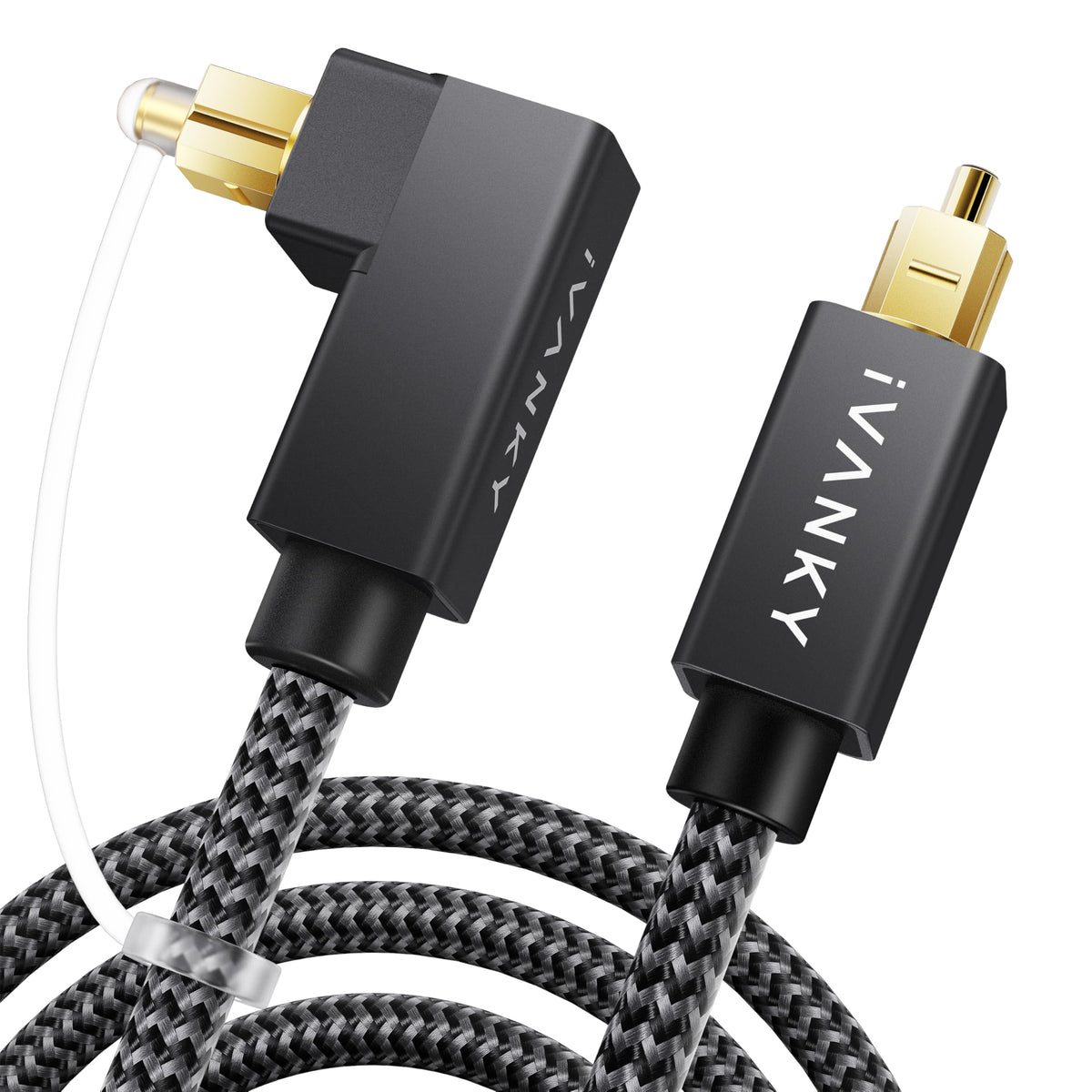 IVANKY right-angle optical cable with 90-degree connector for tidy setups and easy access.