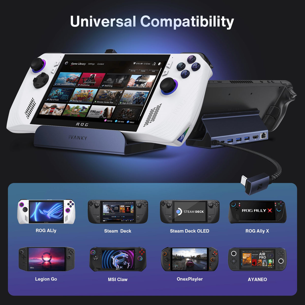 iVANKY next to handheld console illustrating compact scale and travel-friendly size
