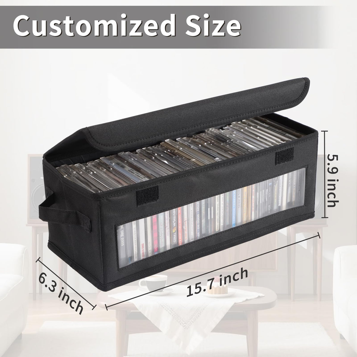 ivomau storage box dimensions 15.7 by 6.3 by 5.9 inches for CDs