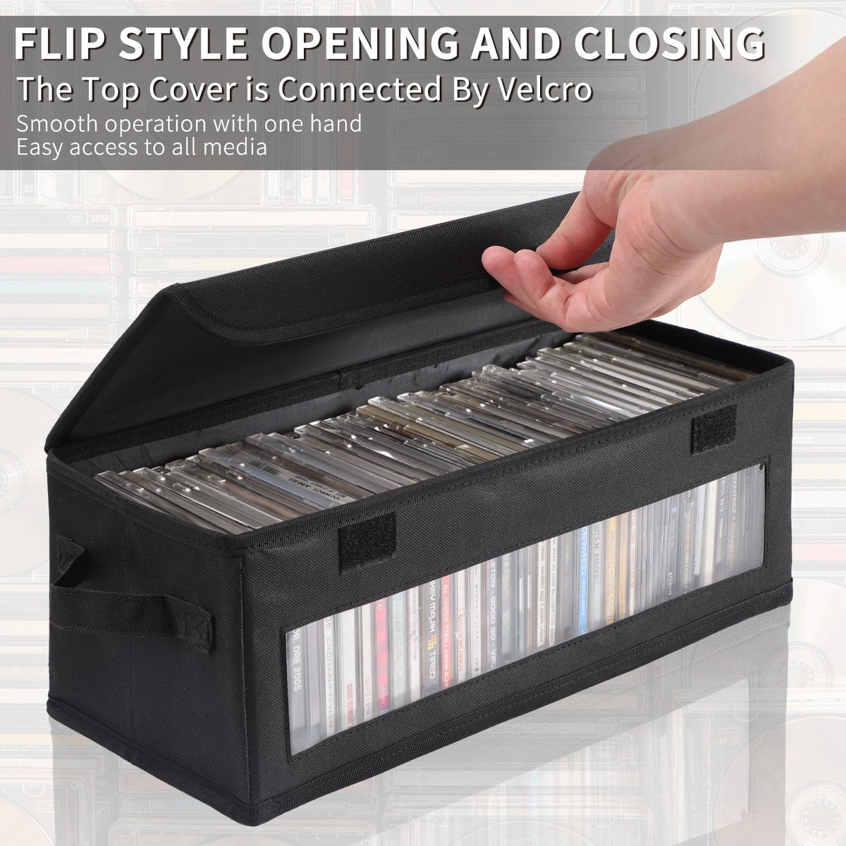 ivomau CD storage box flip cover with Velcro for one-handed access