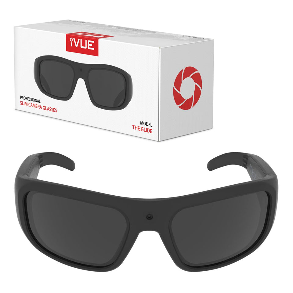 iVue Glide front view shows 1080p camera integrated in sunglasses for hands-free recording