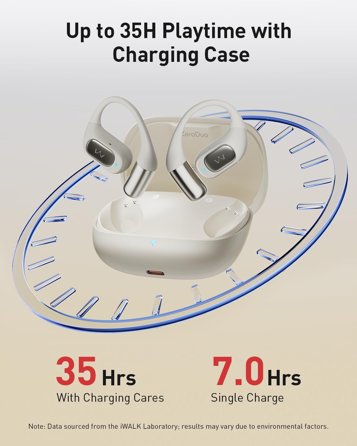 iWALK charging case beside earbuds demonstrating compact long-lasting power