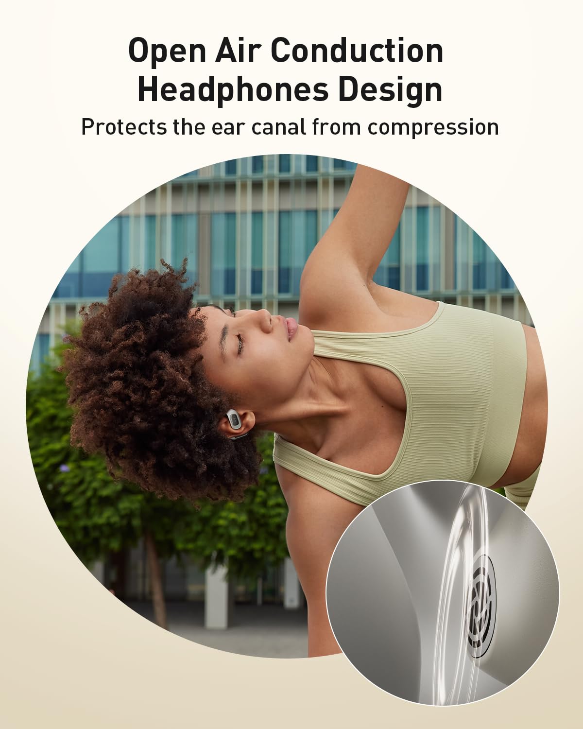 iWALK earbuds worn while running outdoors for safe situational awareness