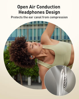 iWALK earbuds worn while running outdoors for safe situational awareness