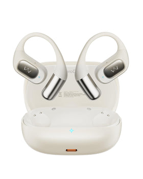 iWALK front packaging showing beige open-ear headphones and benefits of comfort
