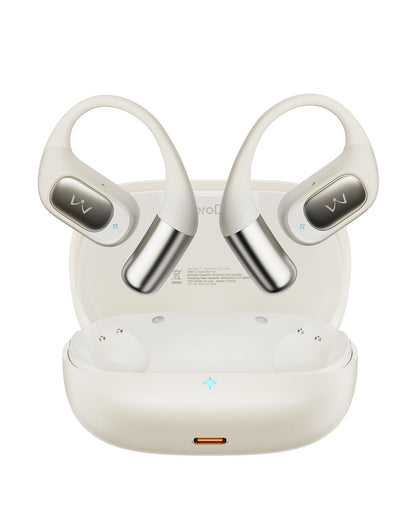 iWALK front packaging showing beige open-ear headphones and benefits of comfort