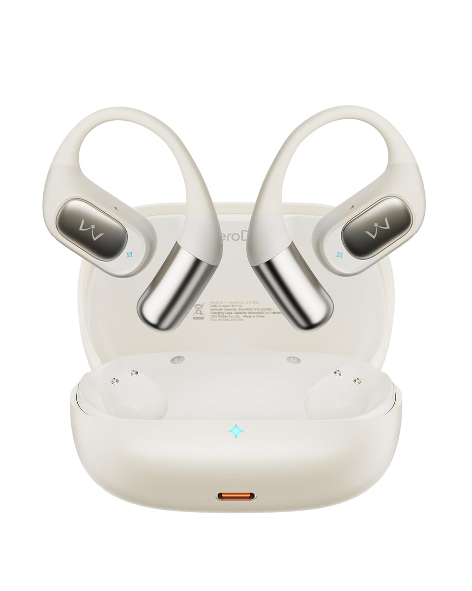 iWALK front packaging showing beige open-ear headphones and benefits of comfort