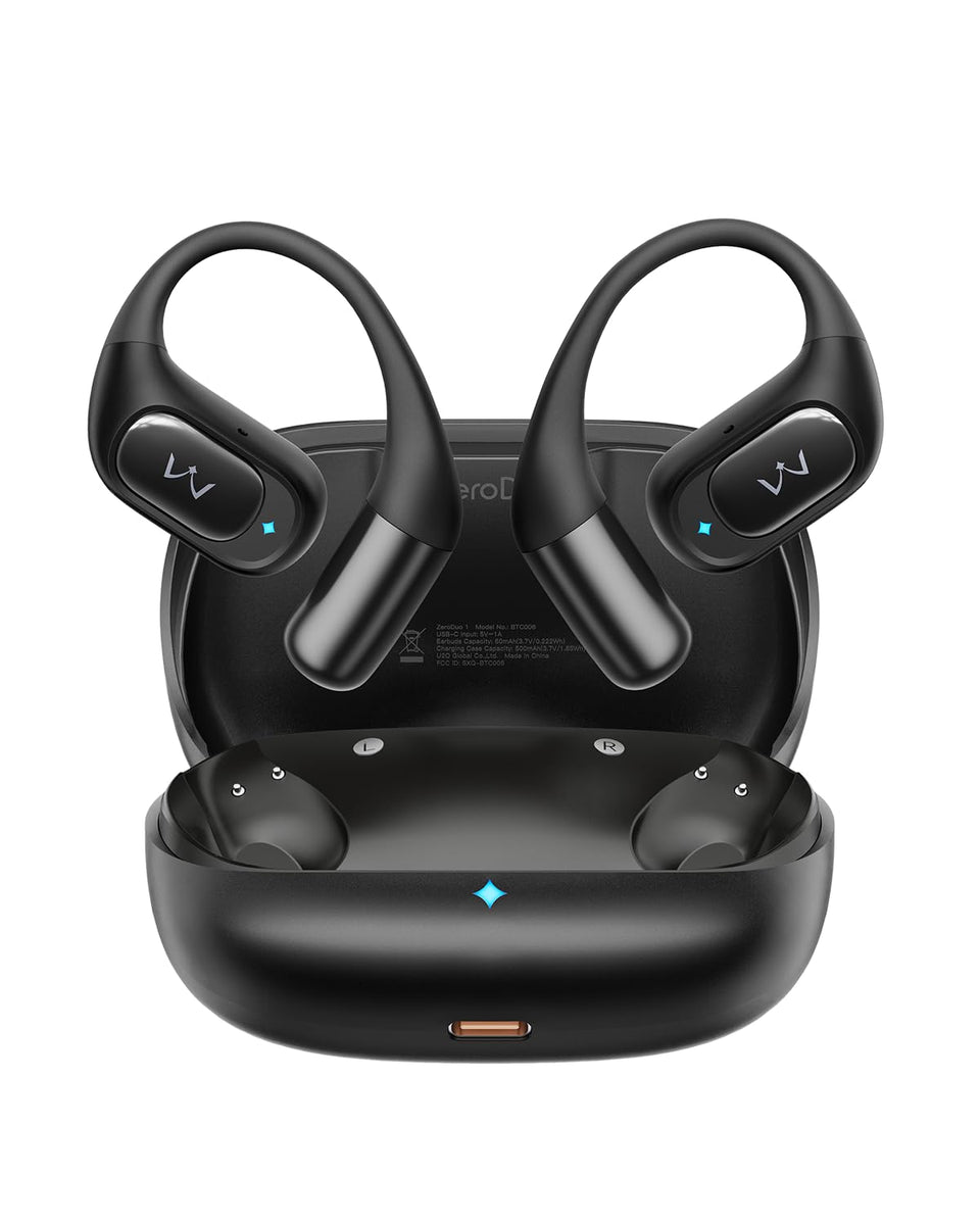 iWALK front view of earbuds and case showing compact design and easy access