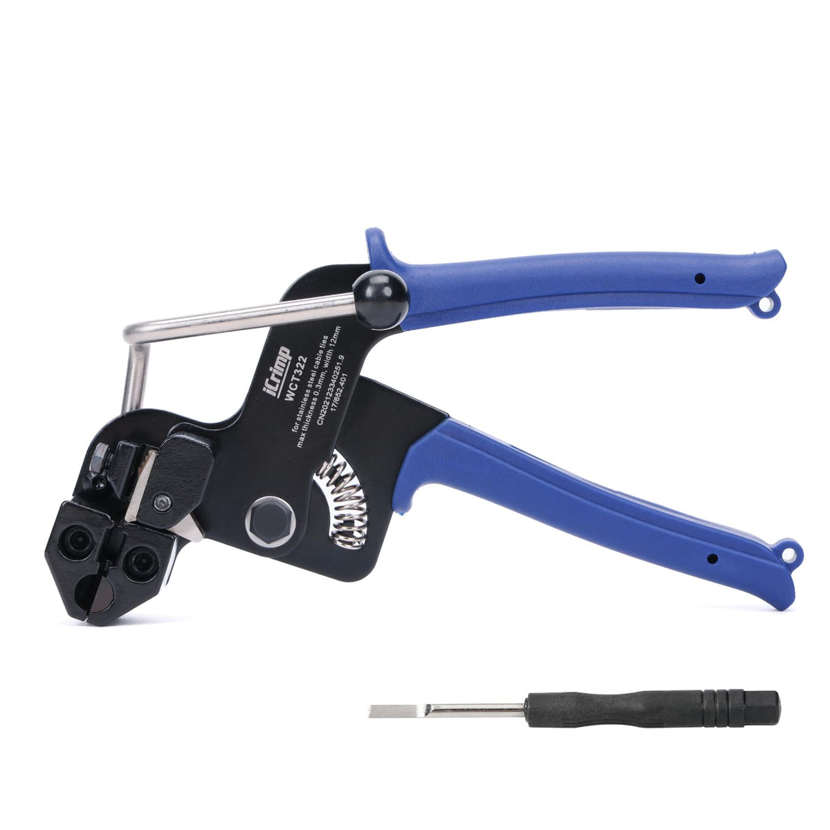 IWISS iCrimp stainless steel cable tie tool with zip gun metal finish for precise tension.
