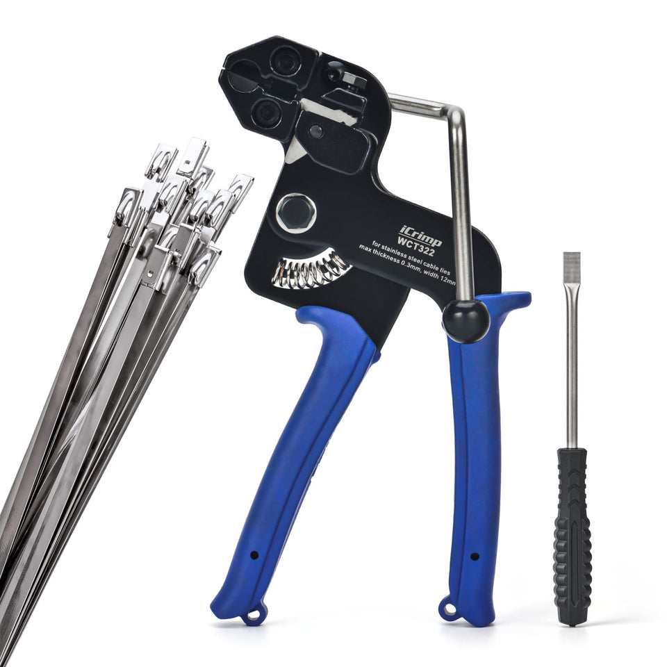 IWISS iCrimp front view showing durable stainless tool and ergonomic handle, improves speed