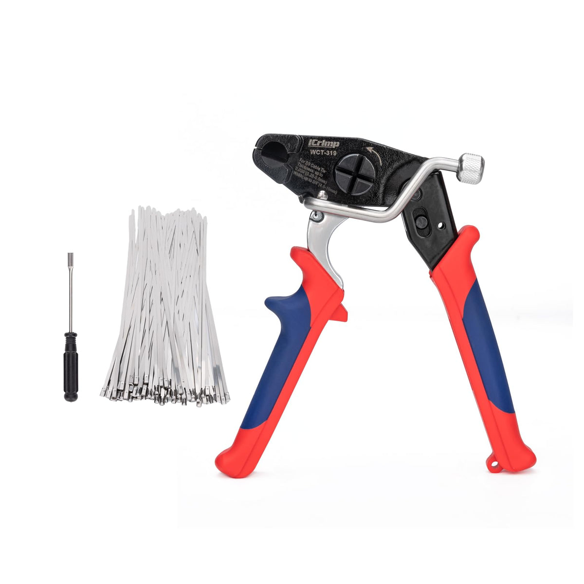 IWISS iCrimp WCT-319 front view showing ergonomic handle and jaw for efficient one-handed use