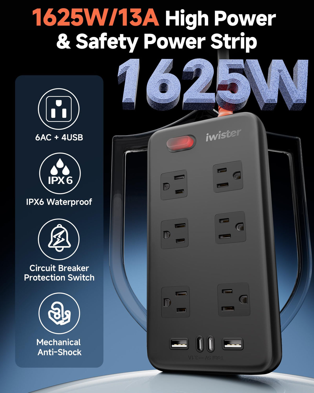 iwister view of six wide AC sockets fitting bulky adapters