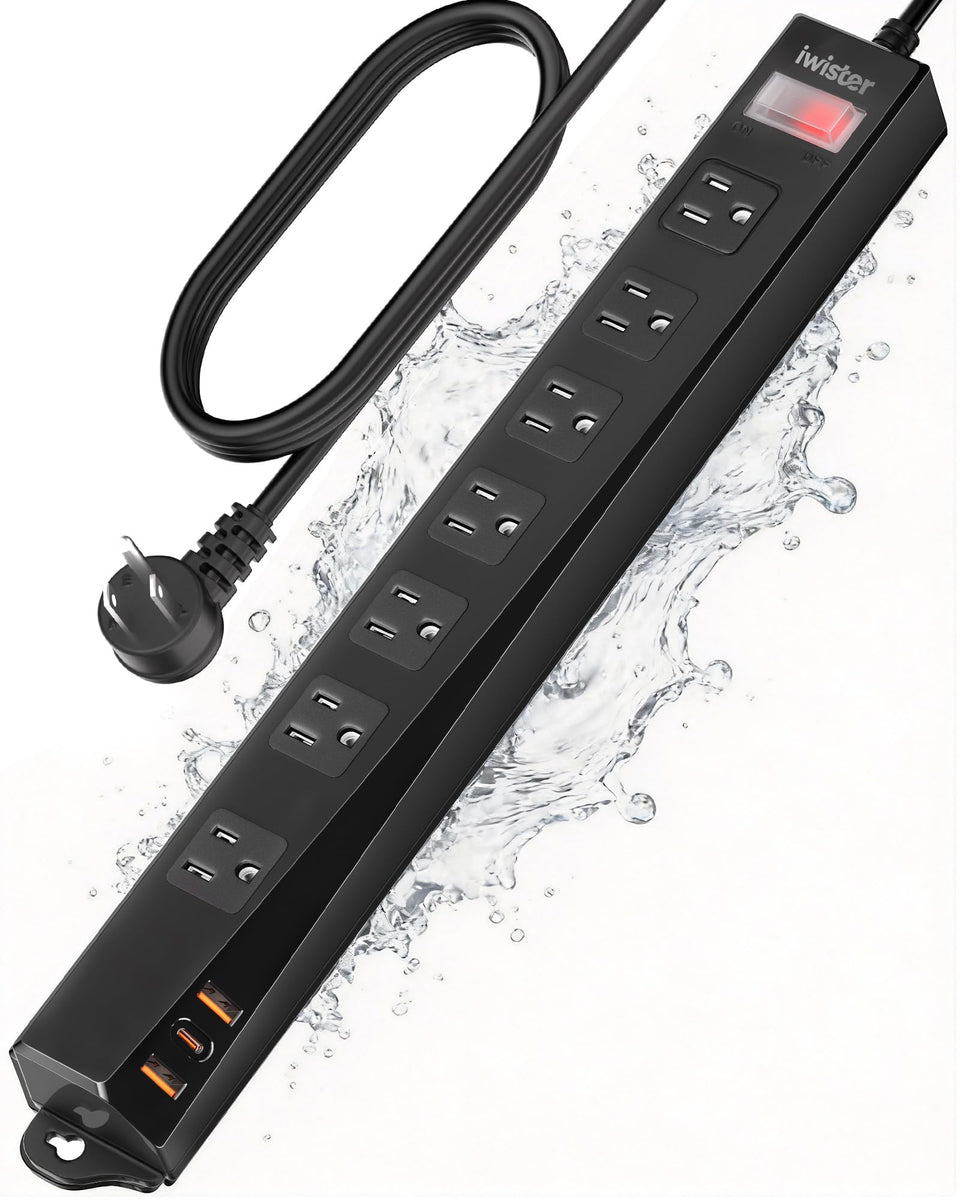 iwister front view showing weatherproof power strip protecting outdoor devices