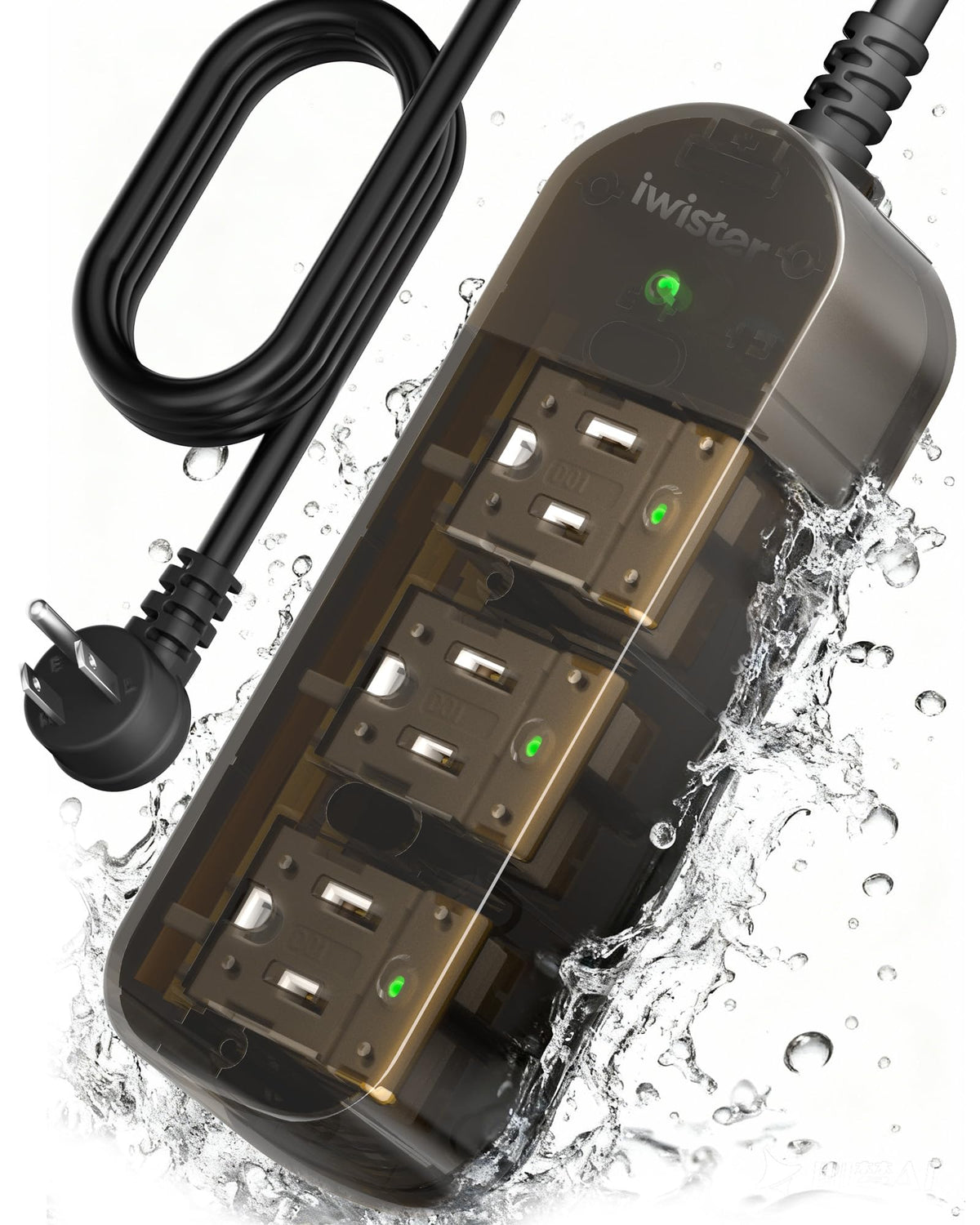 Iwister outdoor power strip with three outlets for patio devices.