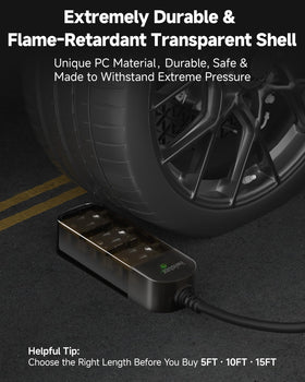 Iwister outdoor power strip in use on a patio powering garden lights.