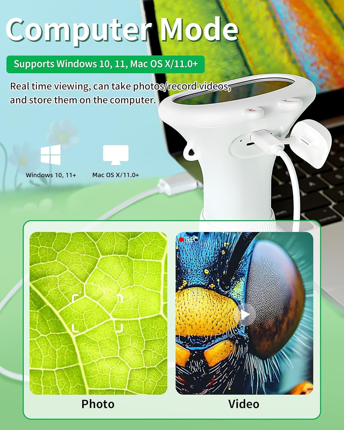 IWOBAC connected via USB-C to laptop for large-screen viewing and capture