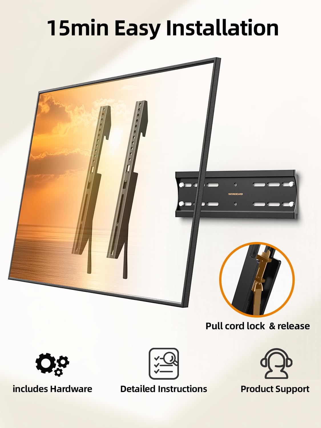 IWORKBOARD TV mounted on wall with a sleek flush appearance.