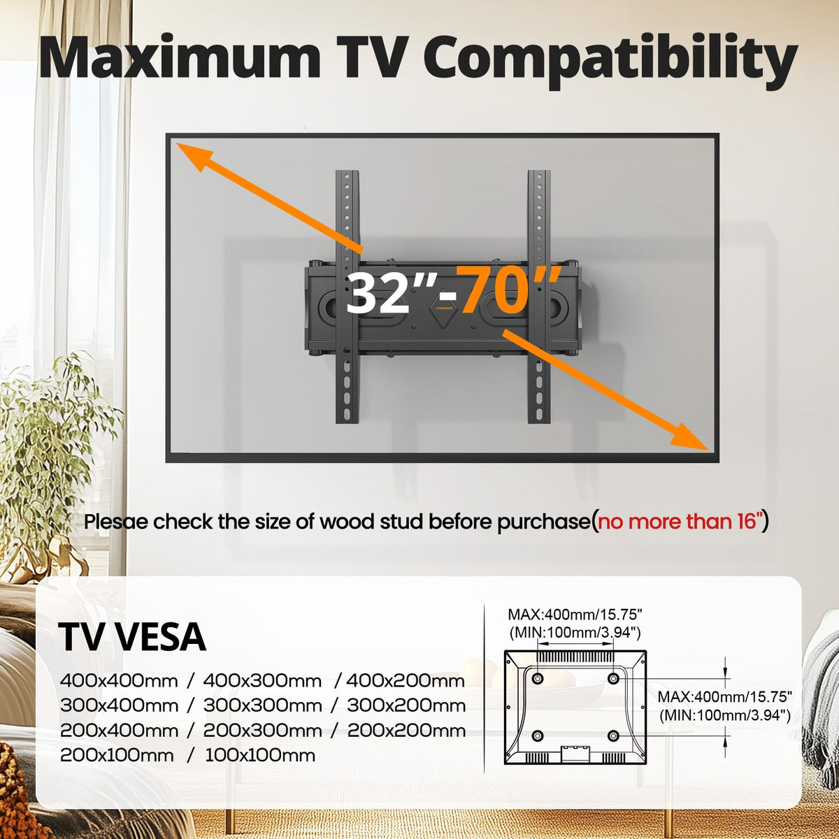 IWORKBOARD 400x400 VESA compatibility fits many 32-70 inch TVs.