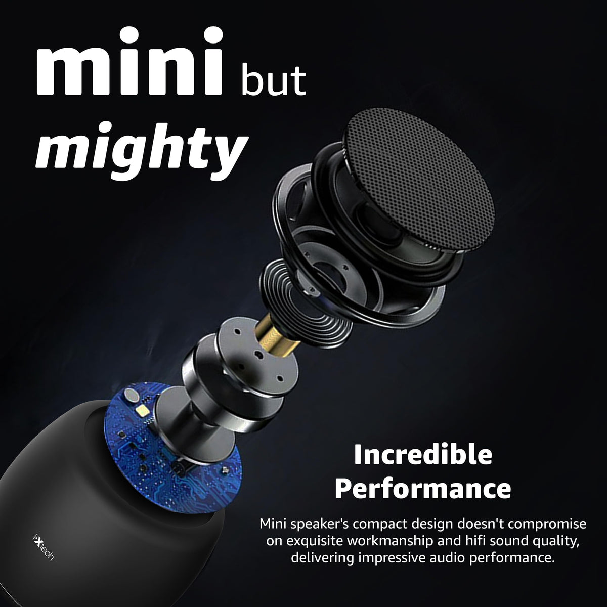 IXTECH portable Bluetooth speaker USB recharge for quick recharging anywhere.