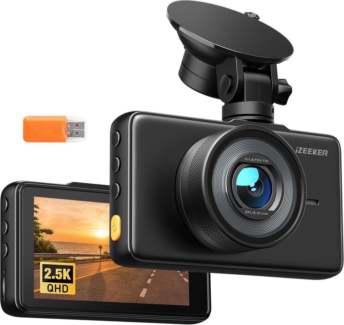 iZEEKER front view showing compact dash cam and lens, improves road coverage