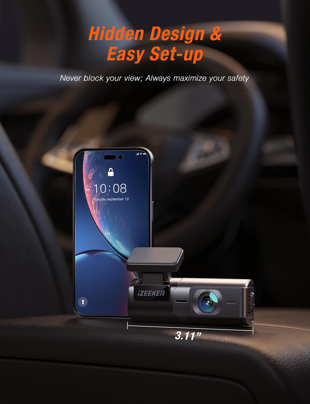 iZEEKER mini dash cam demonstrates compact design and easy adhesive installation.