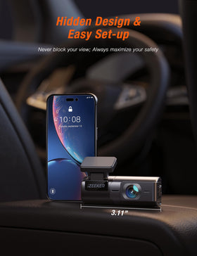 iZEEKER mini dash cam demonstrates compact design and easy adhesive installation.