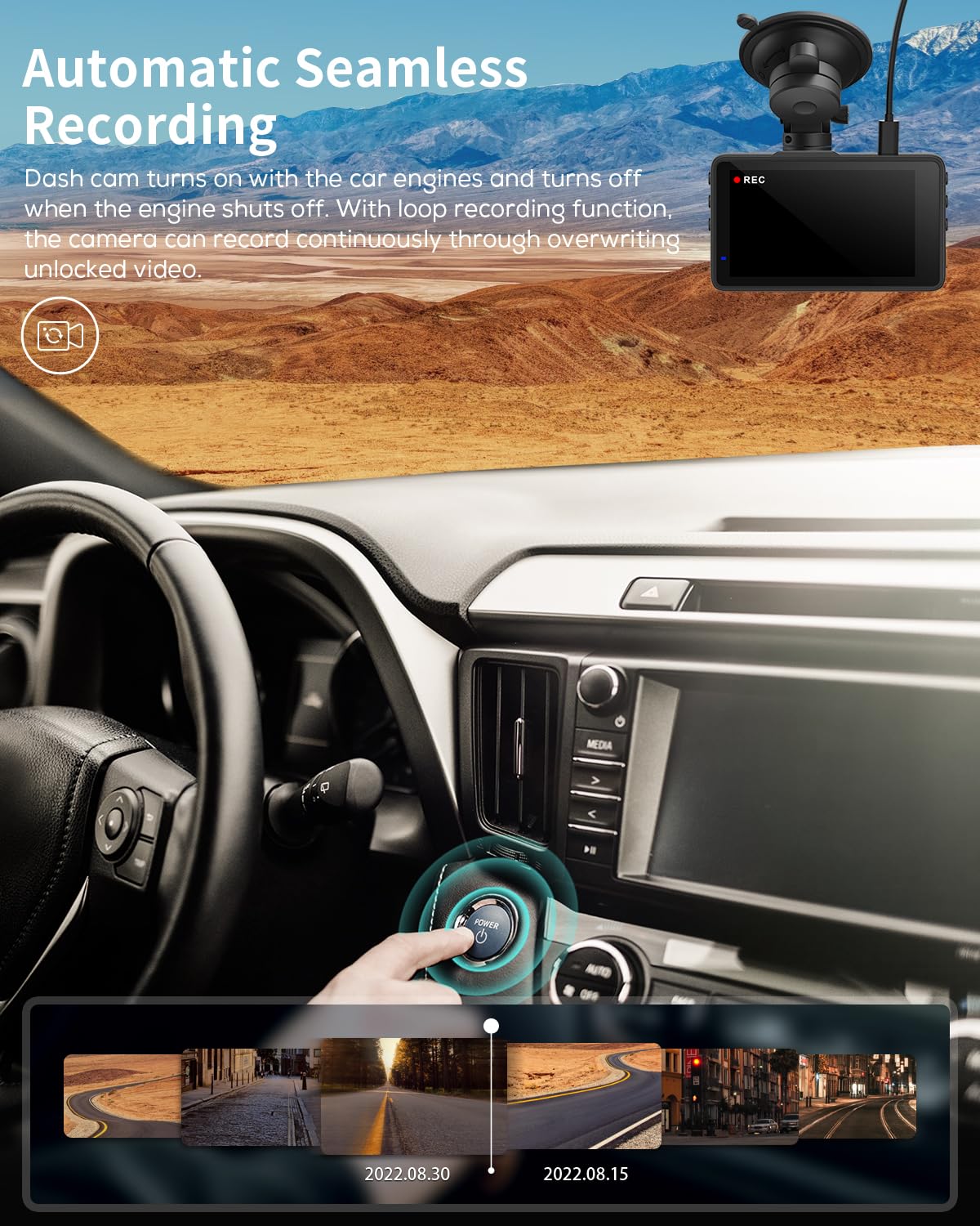 iZEEKER mounted on windshield in a car, provides continuous drive recording