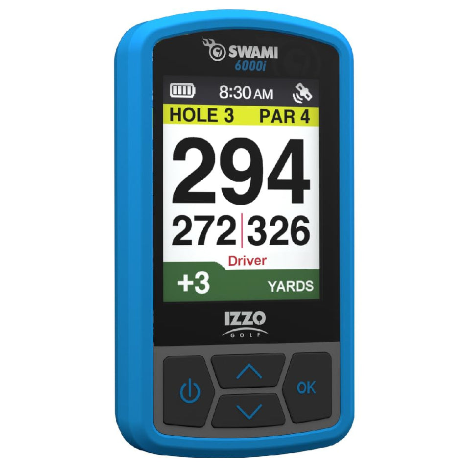 Izzo Swami 6000 handheld GPS display showing course distances.