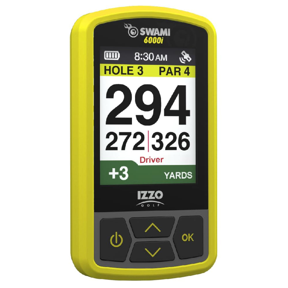 Izzo Swami 6000 handheld GPS display shows green distances for precise decisions