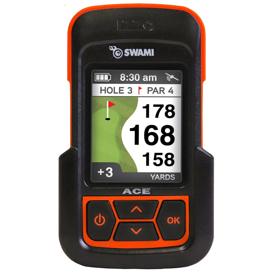 Izzo Swami ACE front view showing compact orange housing and clear display for quick readings