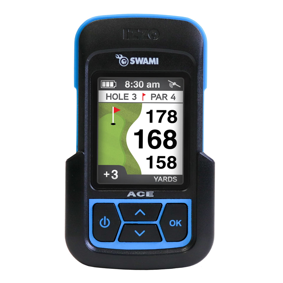 Izzo Swami Ace handheld GPS shows front green distance for precise club choice.