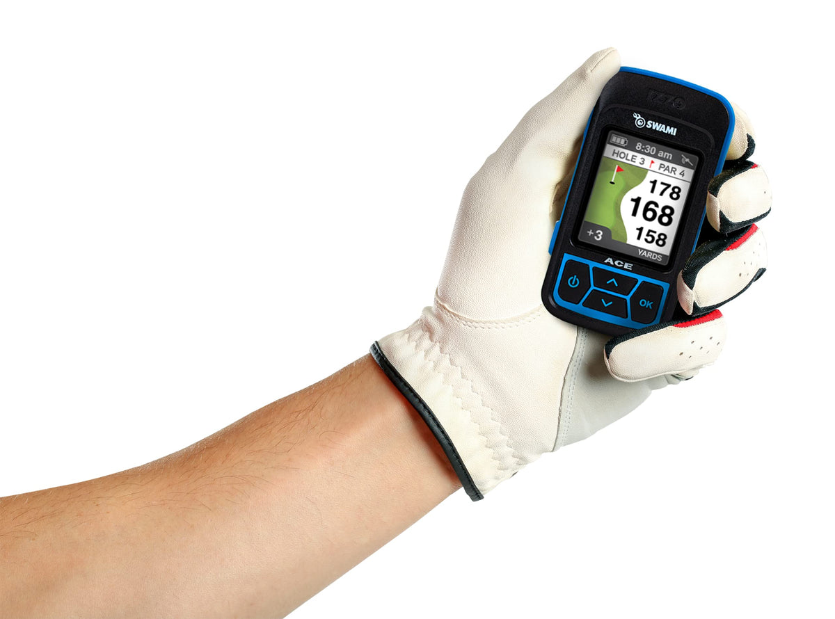 Izzo Swami Ace GPS highlights hazards and doglegs for smarter course management.