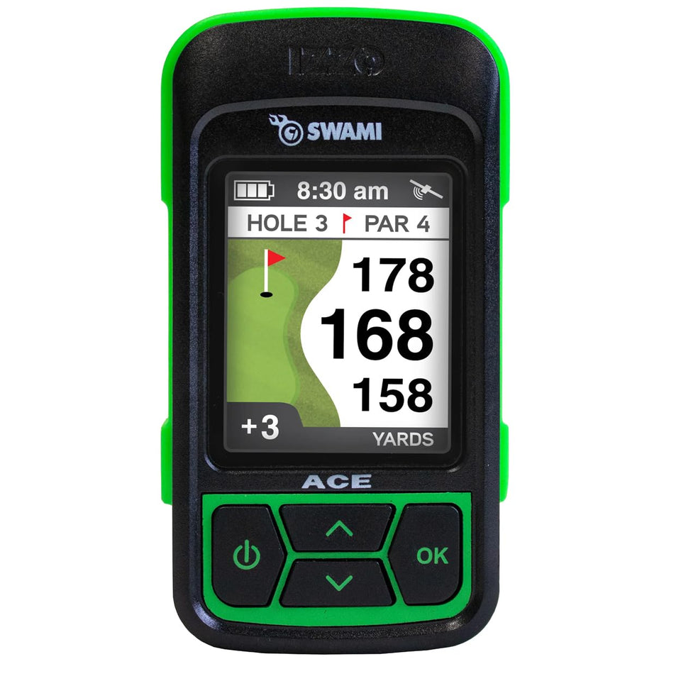 Izzo Swami Ace handheld GPS rangefinder lime green front view with quick distance readouts.