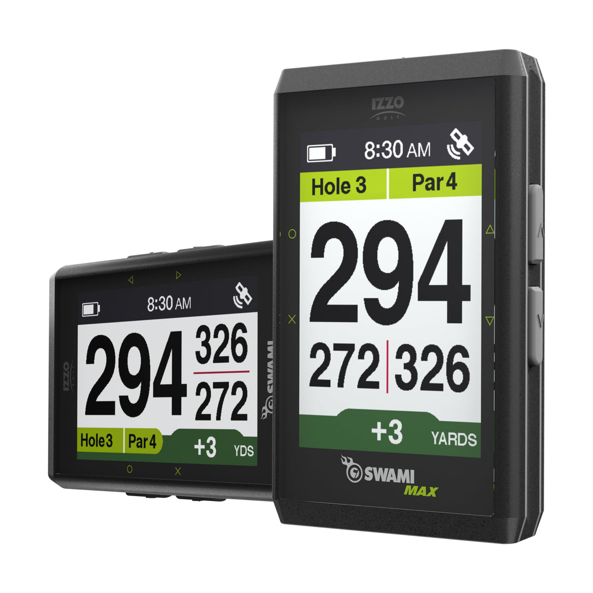 Izzo Swami Max GPS unit front view with oversized display for quick reads on the course