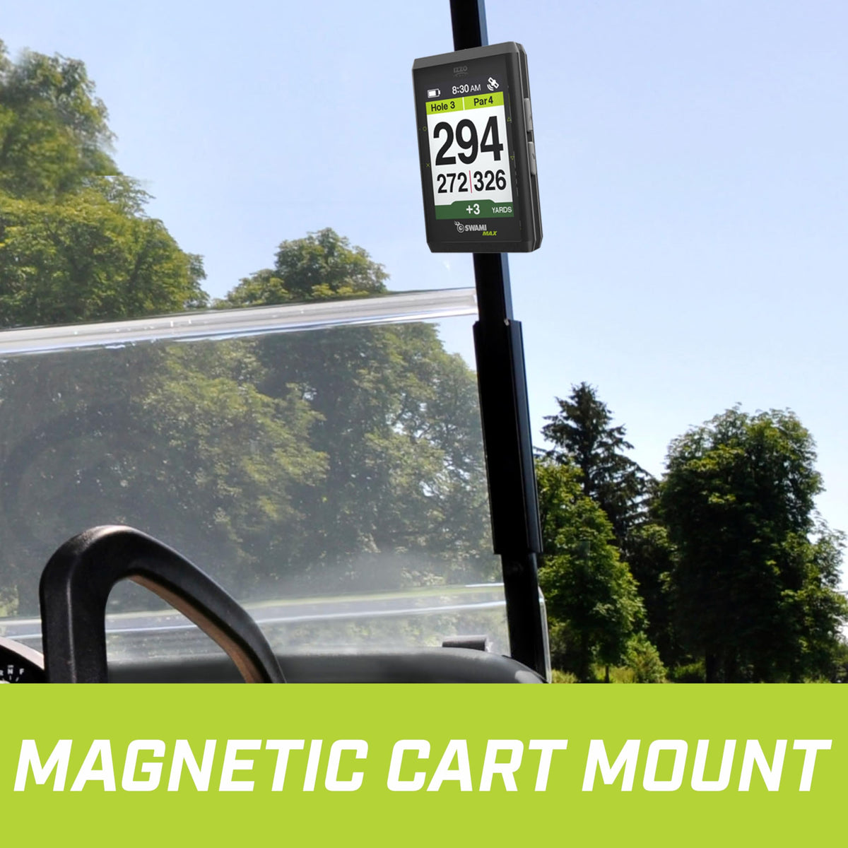 Izzo Swami Max GPS mounted magnet on cart for hands-free use