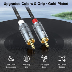 J&D cable running from laptop to powered speakers showing clean analog audio transfer