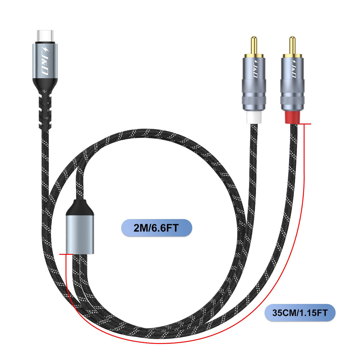 J&D cable beside a ruler showing 6.6ft length for flexible placement and reach