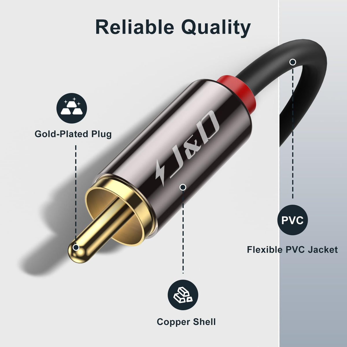 J&D 2RCA cable shows copper shell shielding for EMI/RFI reduction.