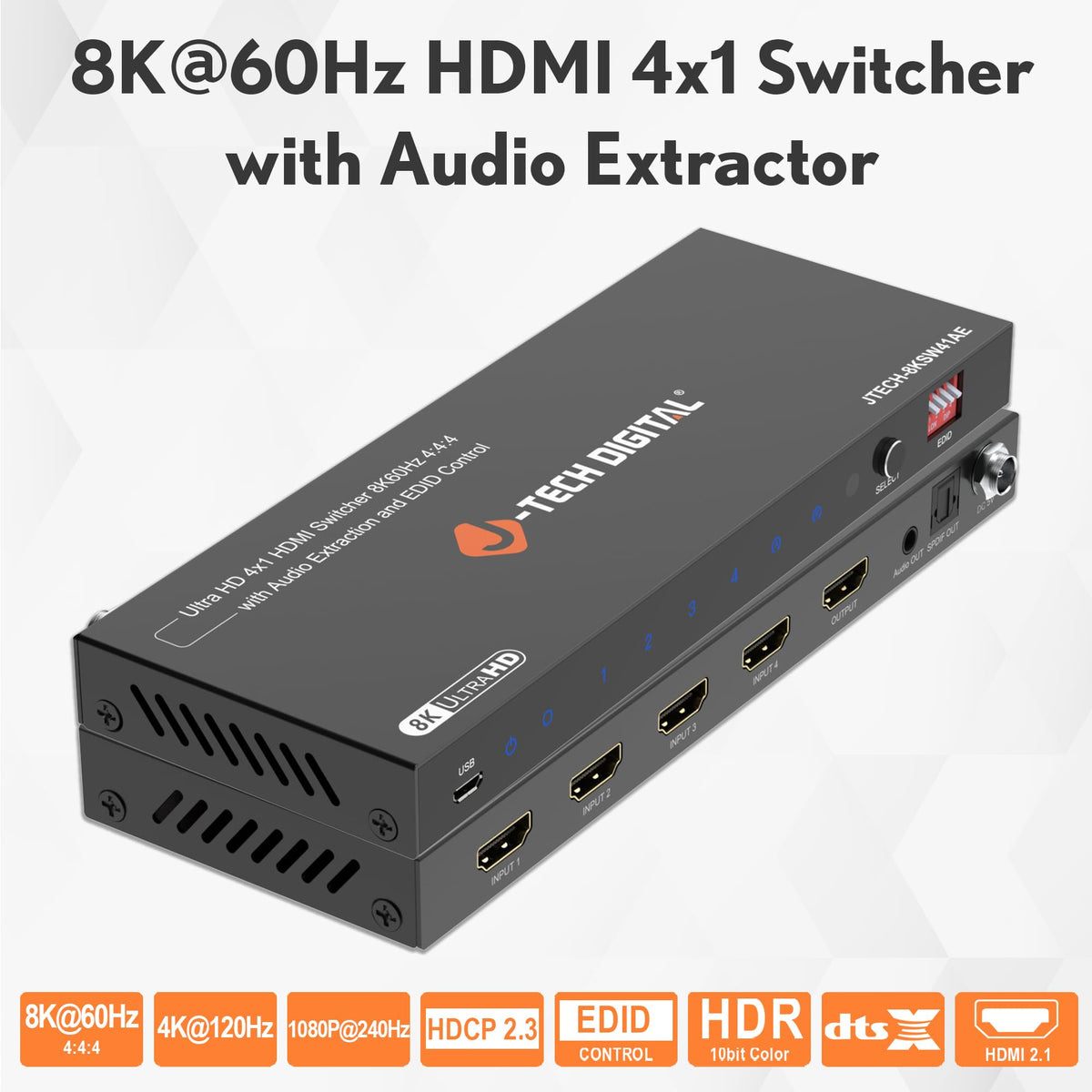 J-Tech Digital 8K HDMI switch back panel with labeled ports for easy wiring.
