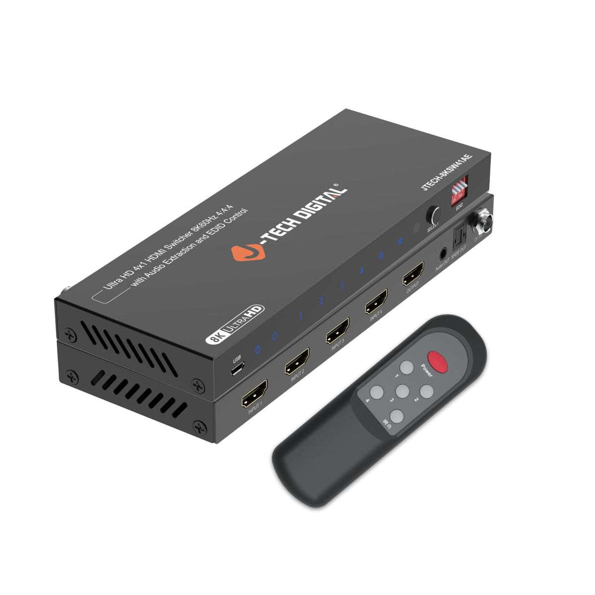 J-Tech Digital 8K HDMI switch front view showing 4x1 input switching for a clean setup.